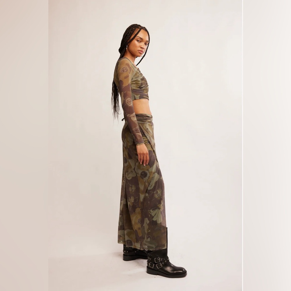Free People Olive Green Floral Mesh Maxi Skirt with Side Slit - Picture 3 of 10